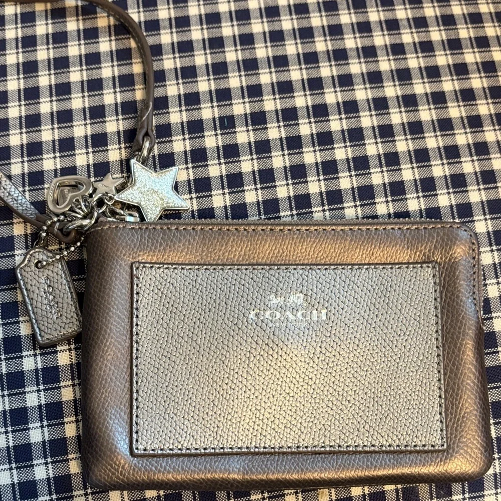 Coach Brown Pebbled Leather Wristlet with Silver Star & Heart Charms